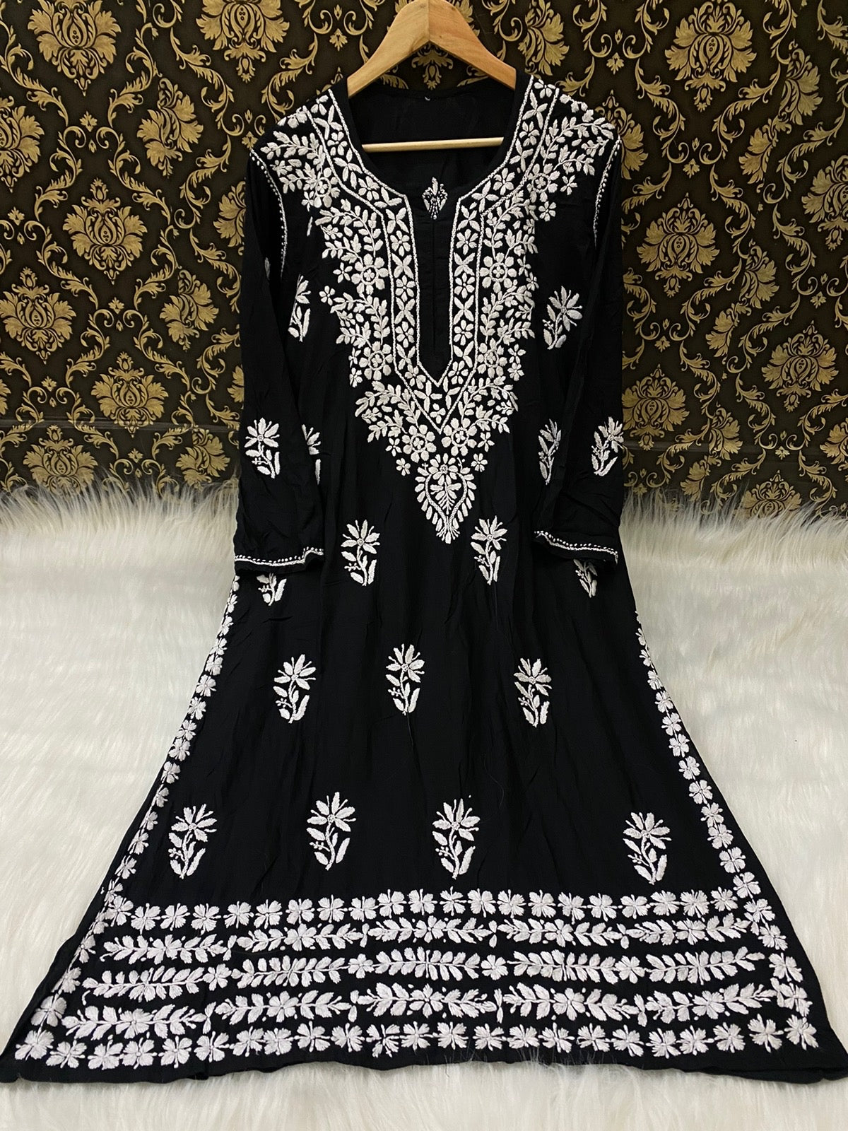 NAZAKAT HANDCRAFTED BLACK MODAL KURTA AND PANT SET