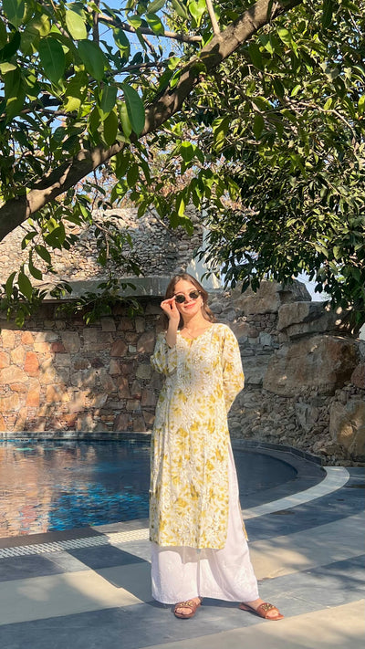 HOOR LONG GREEN MULMUL CHIKANKARI KURTA