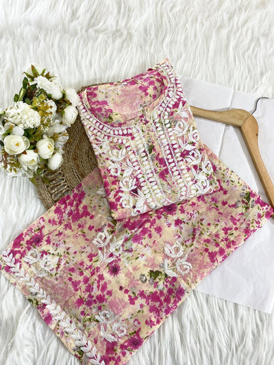 GUL Pink HANDCRAFTED MULMUL CHIKANKARI CO-RD SET