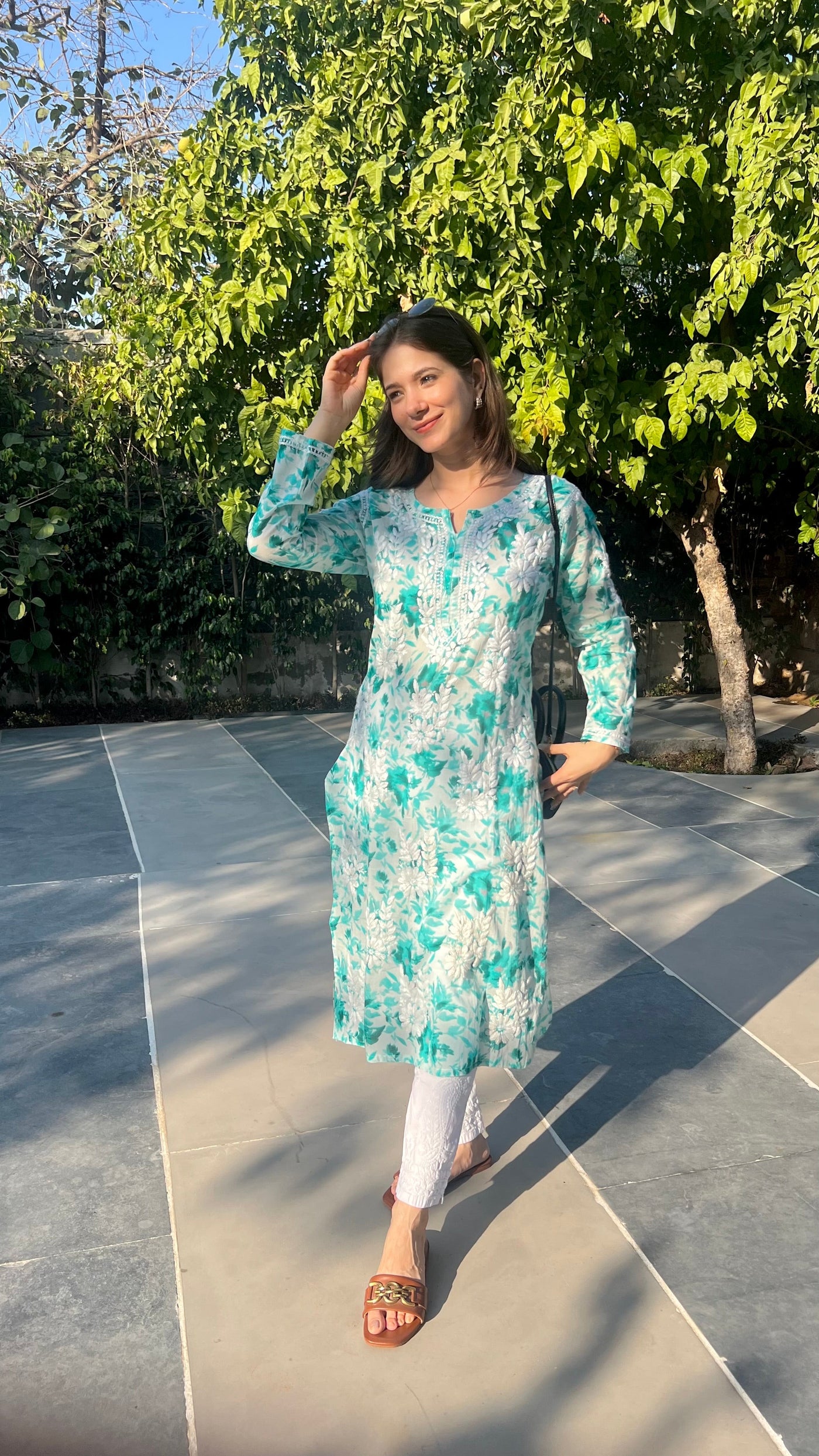 Hoor Sea Green Mulmul Chikankari Kurta And Pant Set