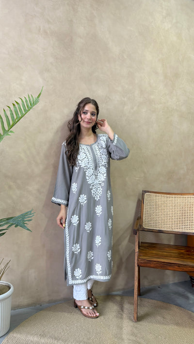 Raaha Grey Long Rayon Straight Kurta