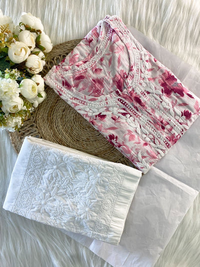 Hoor Pink Mulmul Chikankari Kurta And Pant Set
