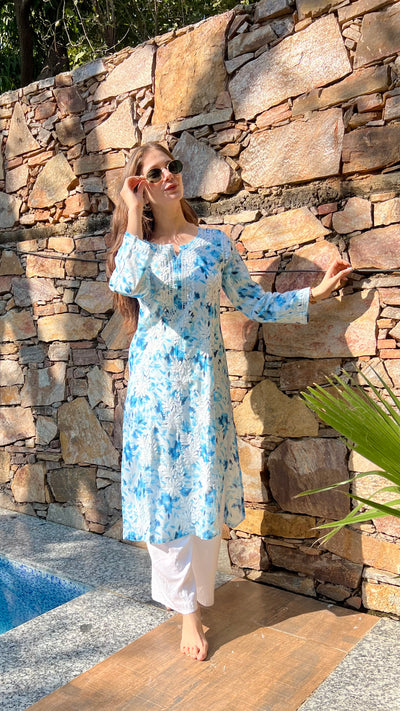 HOOR LONG BLUE MULMUL CHIKANKARI KURTA