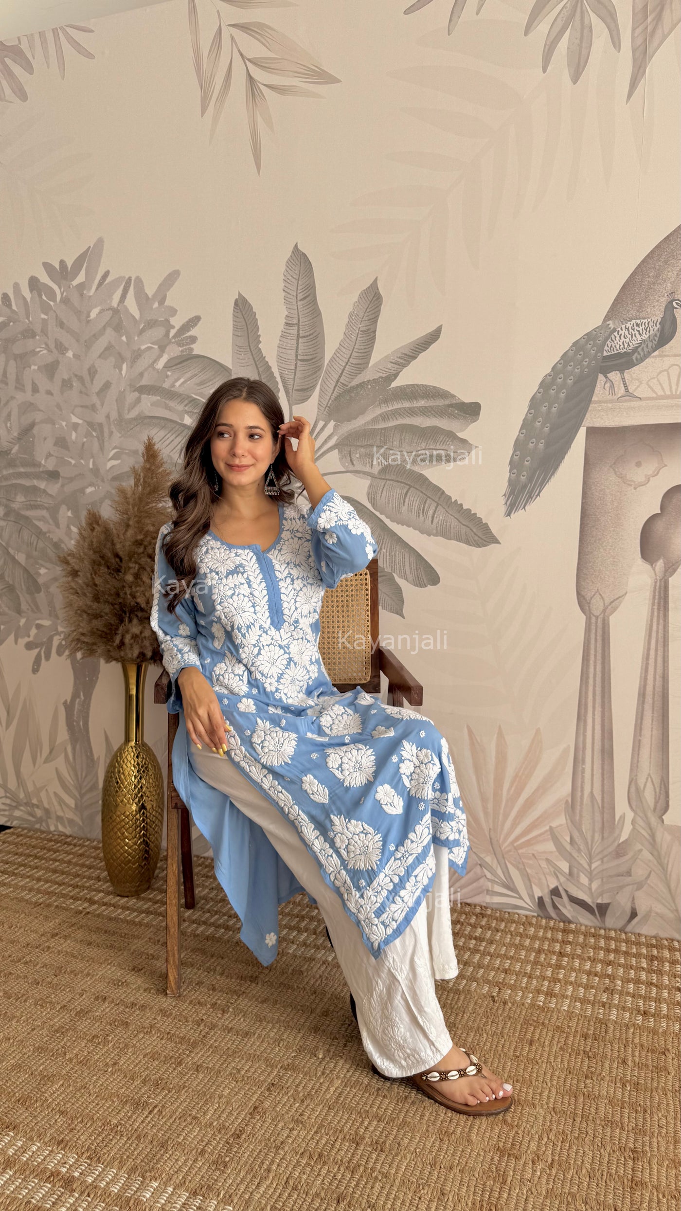 RAABTA PREMIUM DESIGNER LONG POWDER BLUE MODAL STRAIGHT KURTA