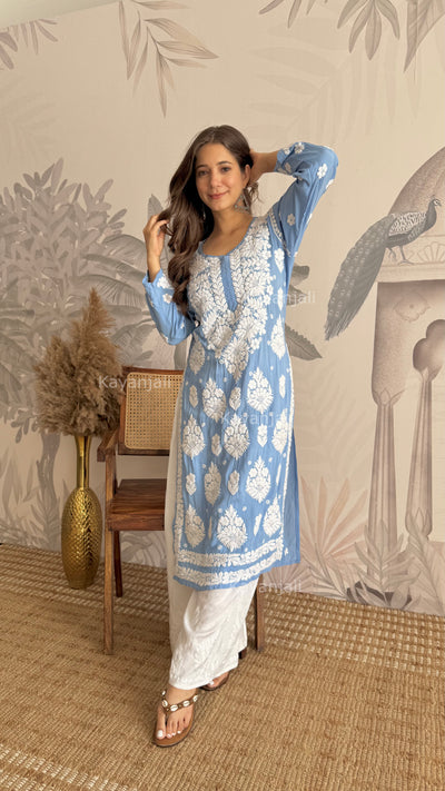 RAABTA PREMIUM DESIGNER LONG POWDER BLUE MODAL STRAIGHT KURTA