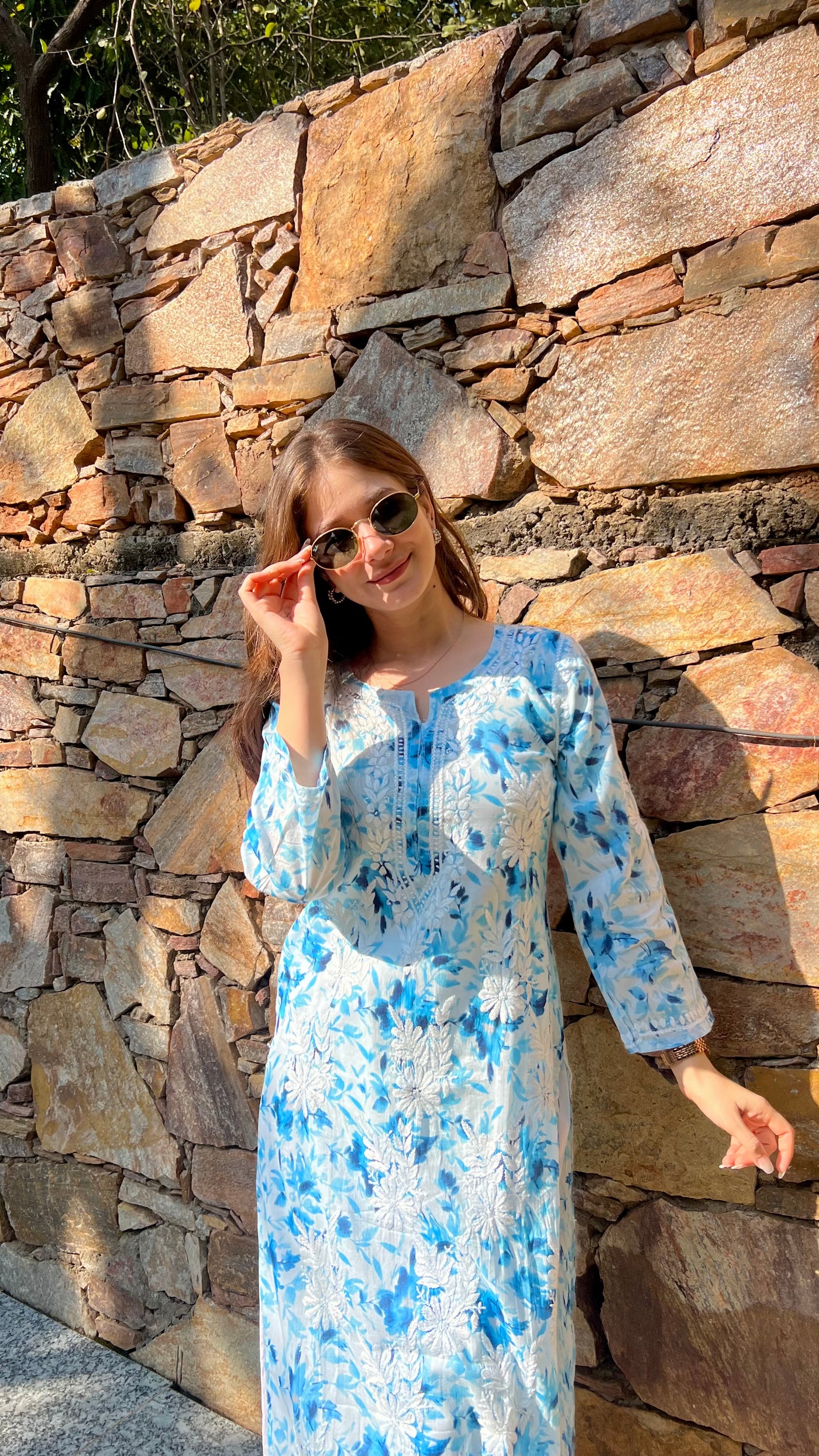 HOOR LONG BLUE MULMUL CHIKANKARI KURTA