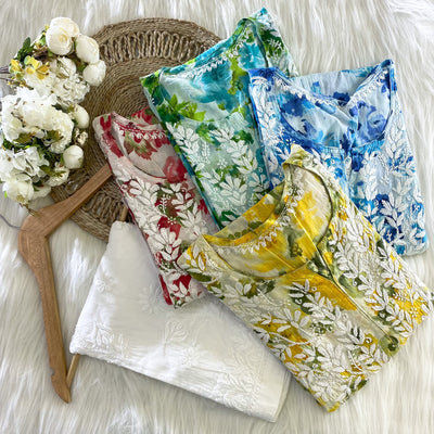 HEER Yellow MULMUL CHIKANKARI KURTA AND PANT SET