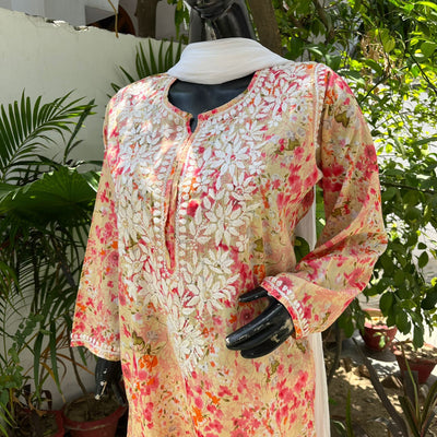 Rahat Long Peach Mulmul Chikankari Kurta