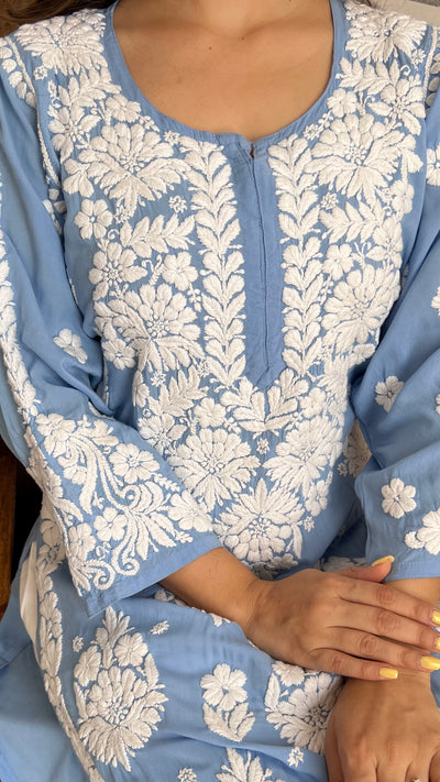 RAABTA PREMIUM DESIGNER LONG POWDER BLUE MODAL STRAIGHT KURTA