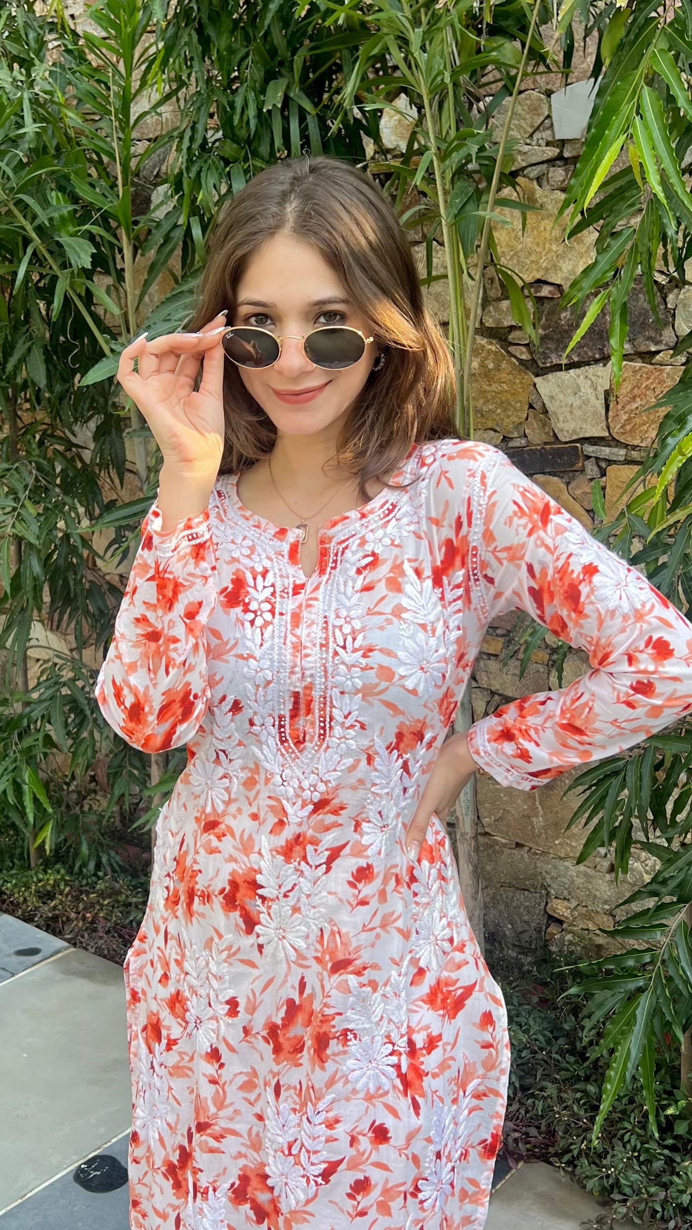 Hoor Long Orange Mulmul Chikankari Kurta