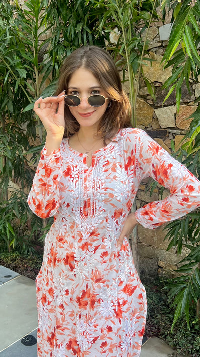 Hoor Long Orange Mulmul Chikankari Kurta