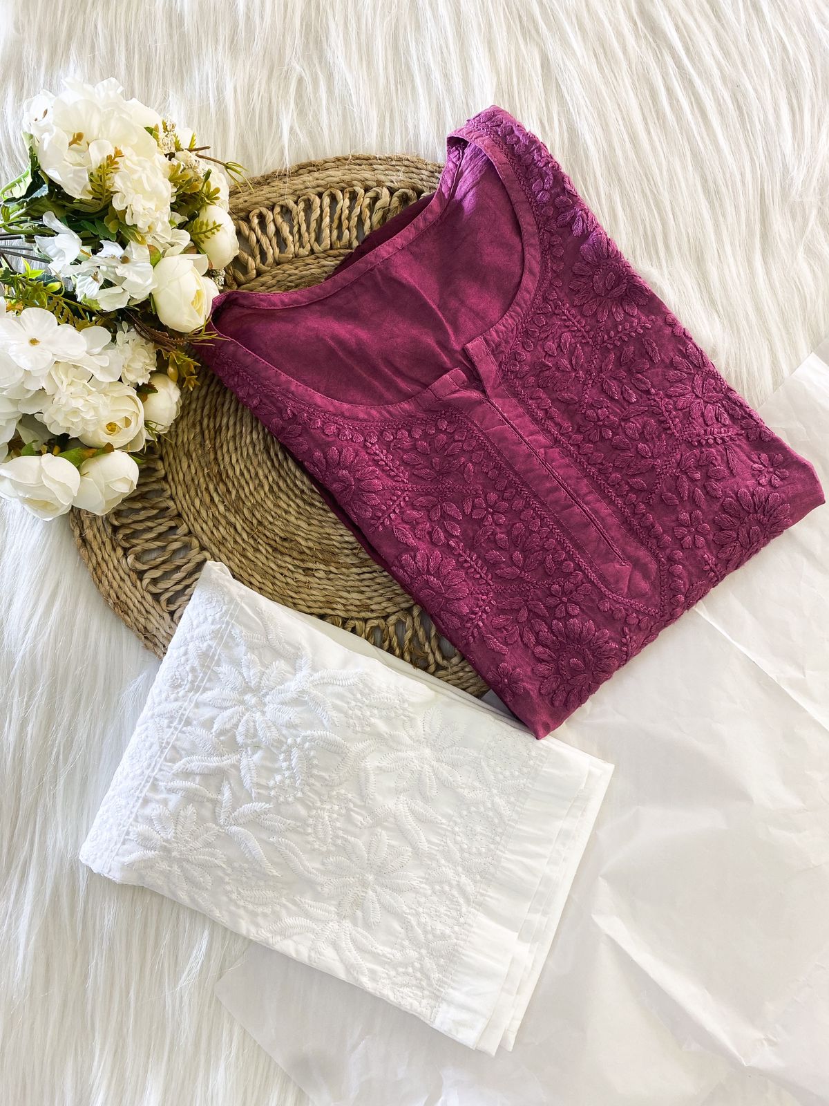 GUL HANDCRAFTED Dark Pink CHANDERI KURTA AND PANT SET