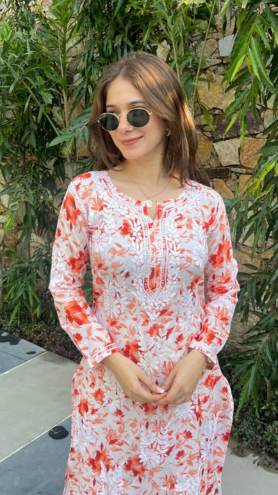 Hoor Long Orange Mulmul Chikankari Kurta