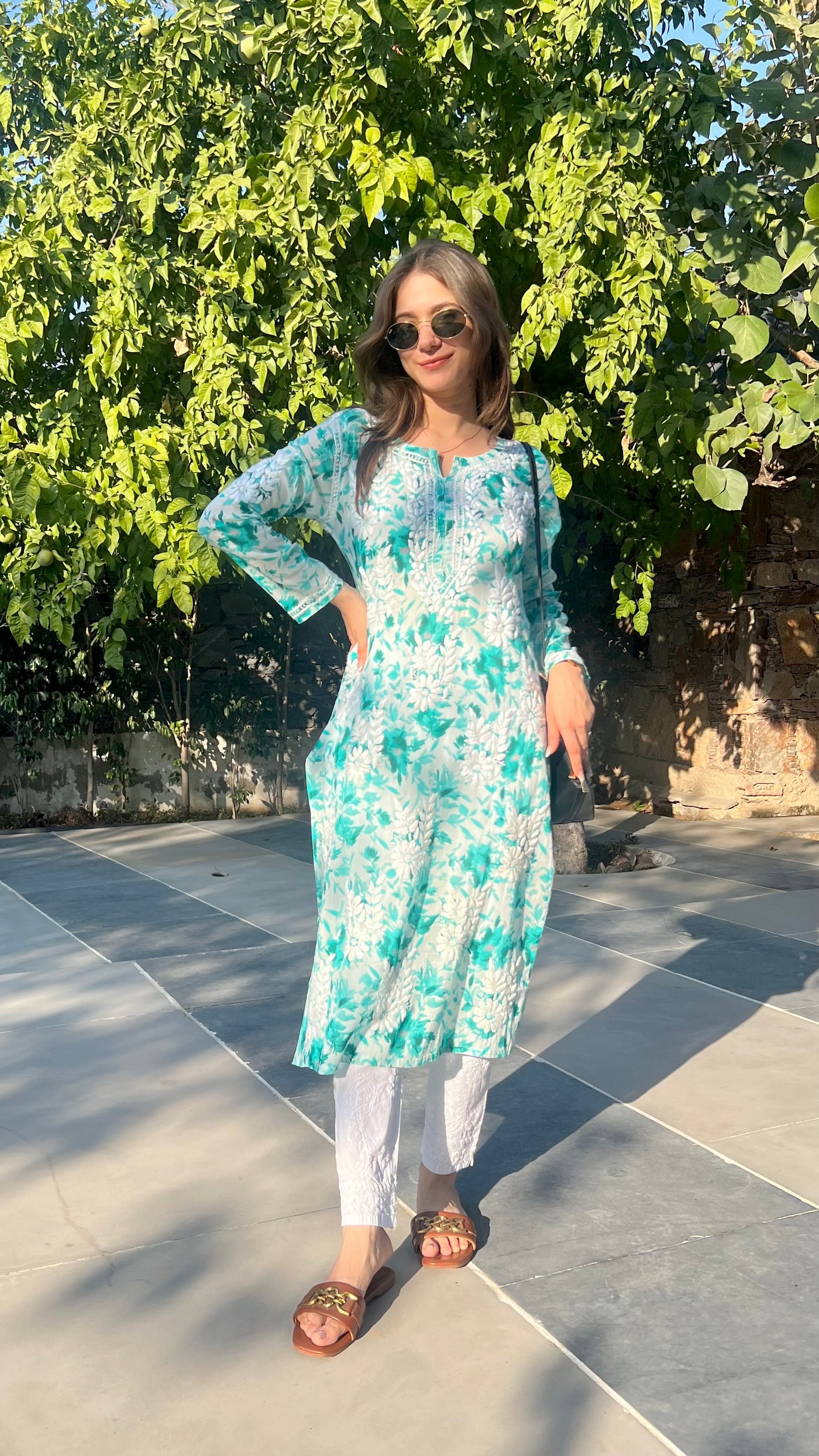 Hoor Long Sea Green Mulmul Chikankari Kurta