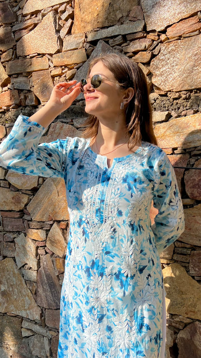 HOOR LONG BLUE MULMUL CHIKANKARI KURTA
