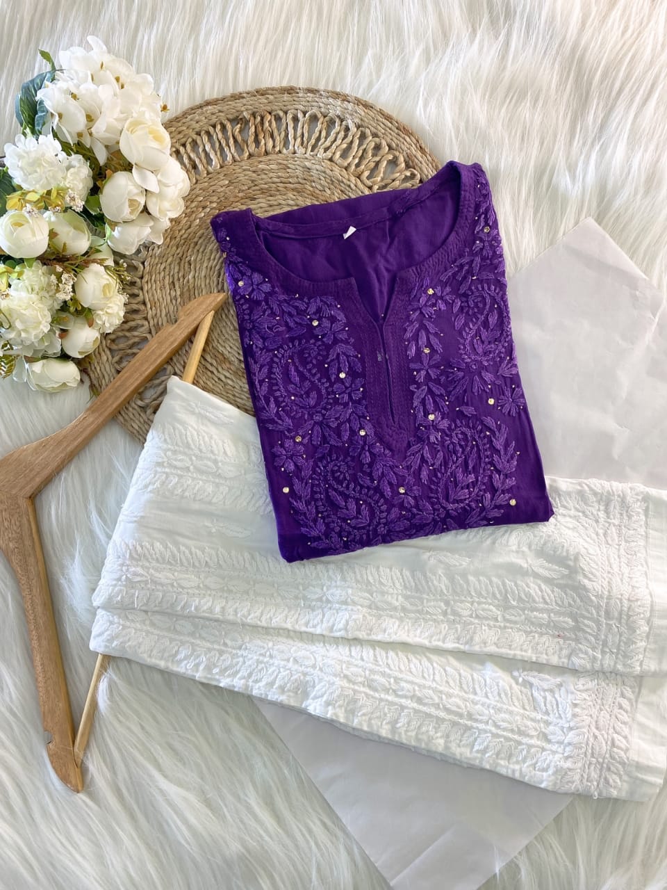 Naaz Rayon Purple Mukaish Work Kurta And Pant Set