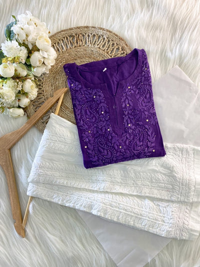 Naaz Rayon Purple Mukaish Work Kurta And Pant Set