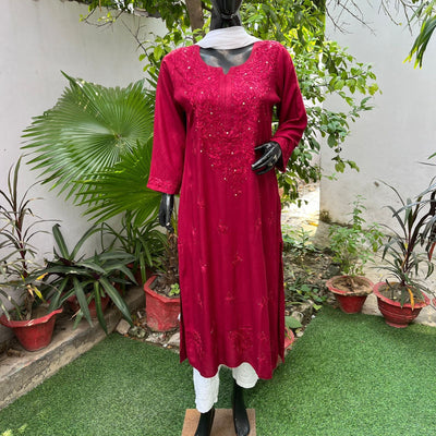Naaz Rayon Maroon Mukaish Work Kurta And Pant Set