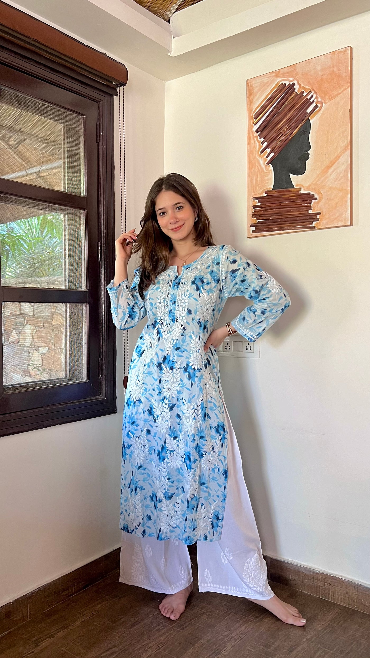 HOOR LONG BLUE MULMUL CHIKANKARI KURTA
