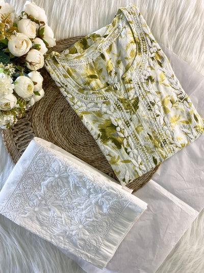 Hoor Green Mulmul Chikankari Kurta And Pant Set