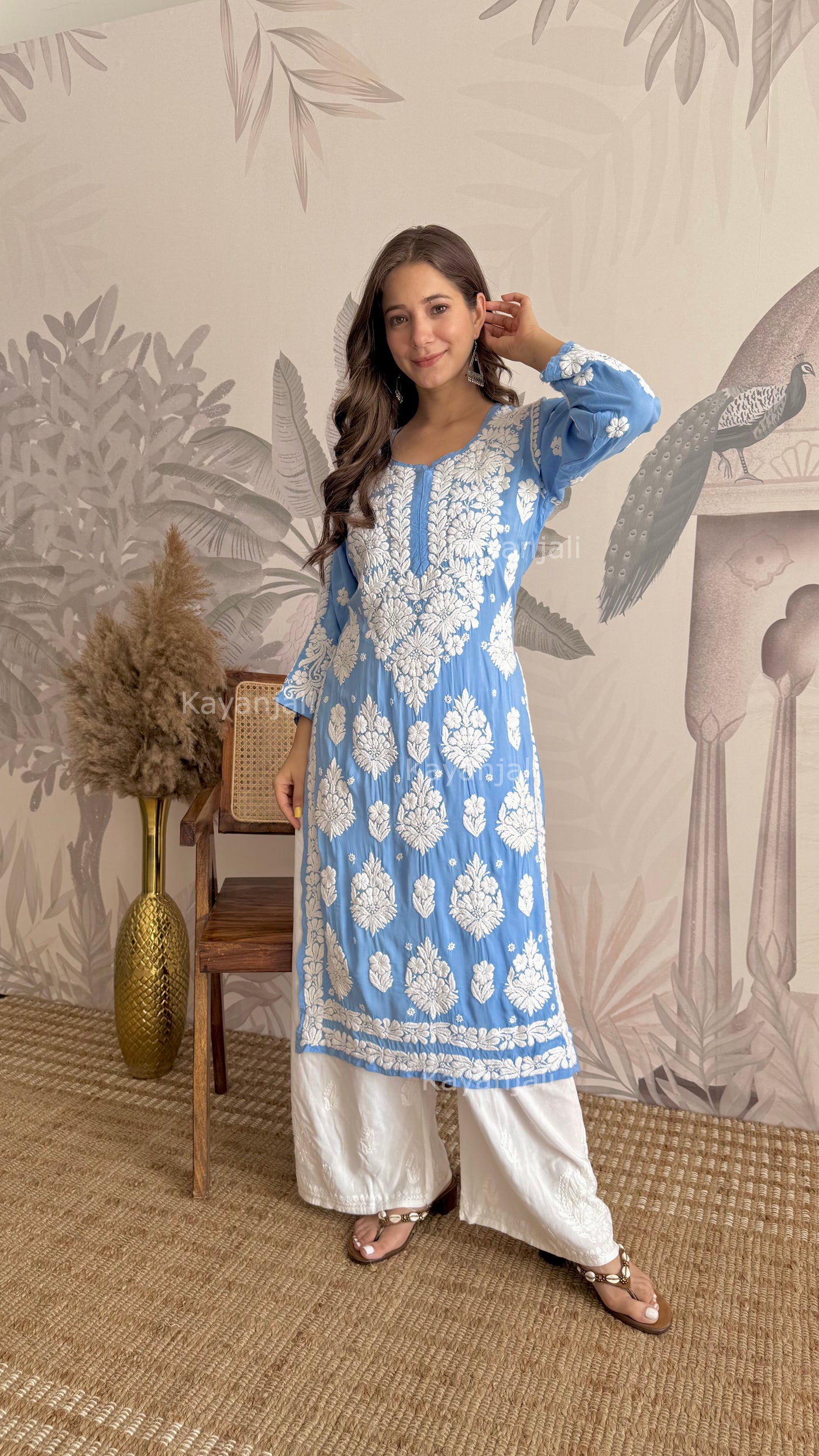 RAABTA PREMIUM DESIGNER LONG POWDER BLUE MODAL STRAIGHT KURTA
