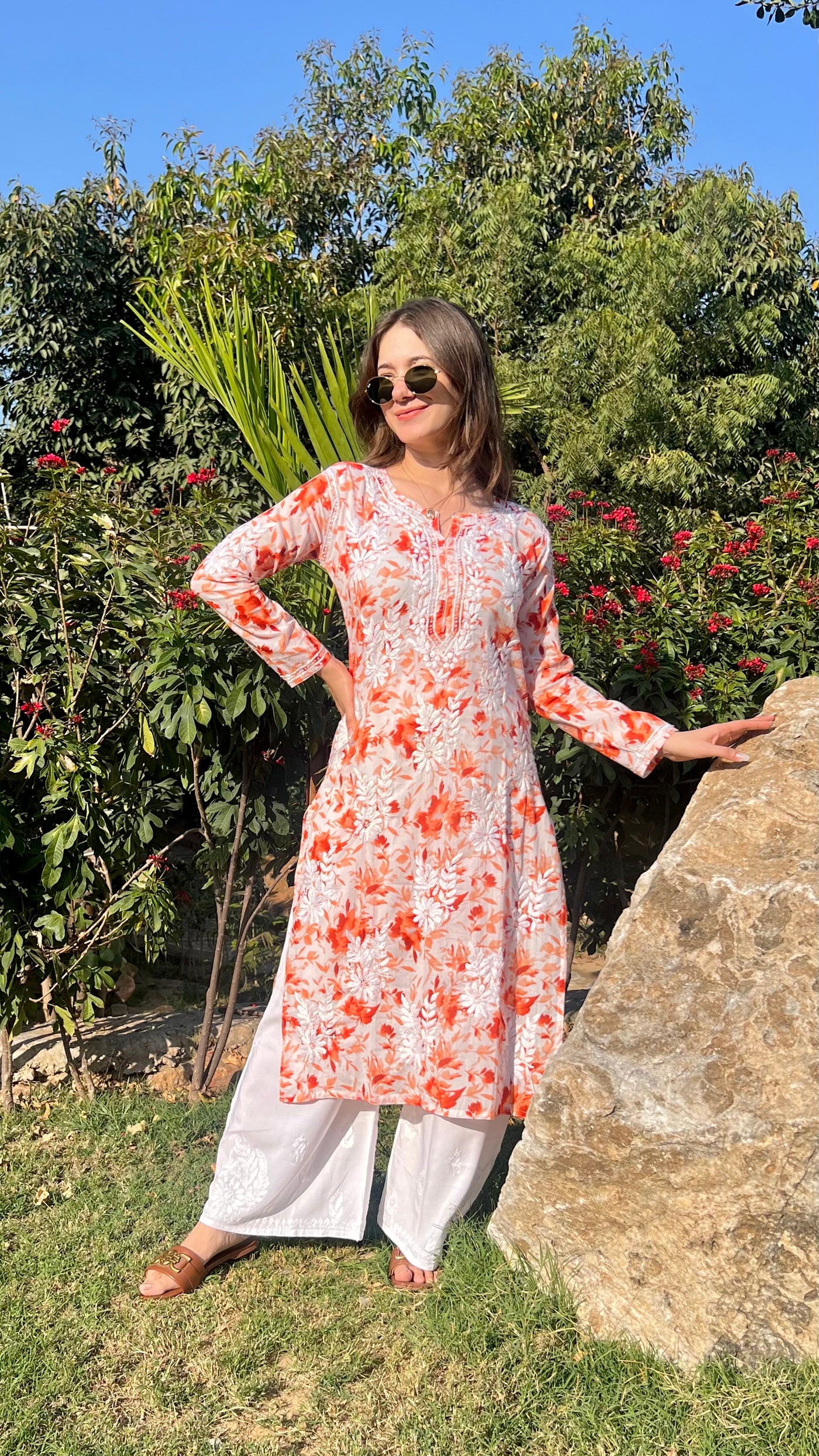 Hoor Long Orange Mulmul Chikankari Kurta