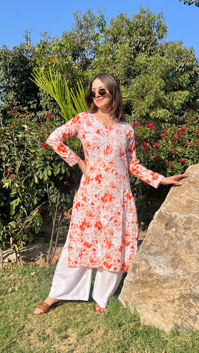 Hoor Long Orange Mulmul Chikankari Kurta