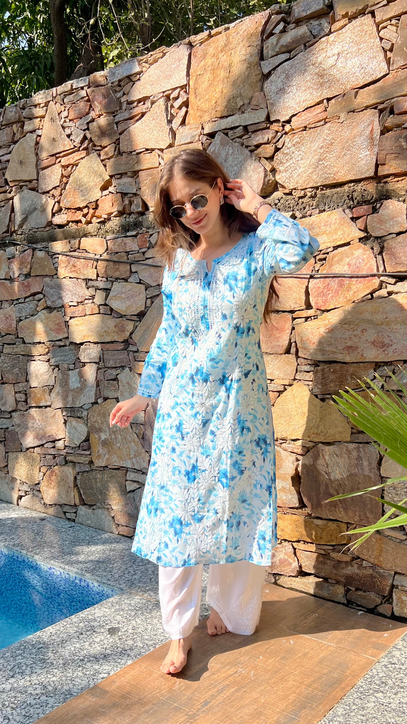 HOOR LONG BLUE MULMUL CHIKANKARI KURTA